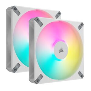 Corsair iCUE AF140 RGB ELITE 14cm PWM Case Fans (2 Pack), 8 ARGB LEDs, FDM Bearing, 500-1700 RPM, White, RGB Controller Included, 2 Pack